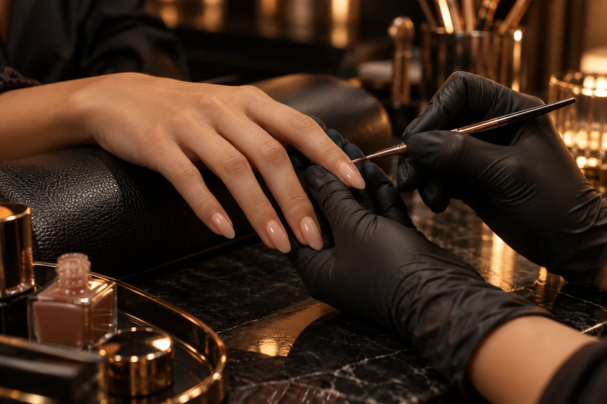 Detalhe ilustrativo de manicure com luvas pretas cuidando de unhas em tom nude
